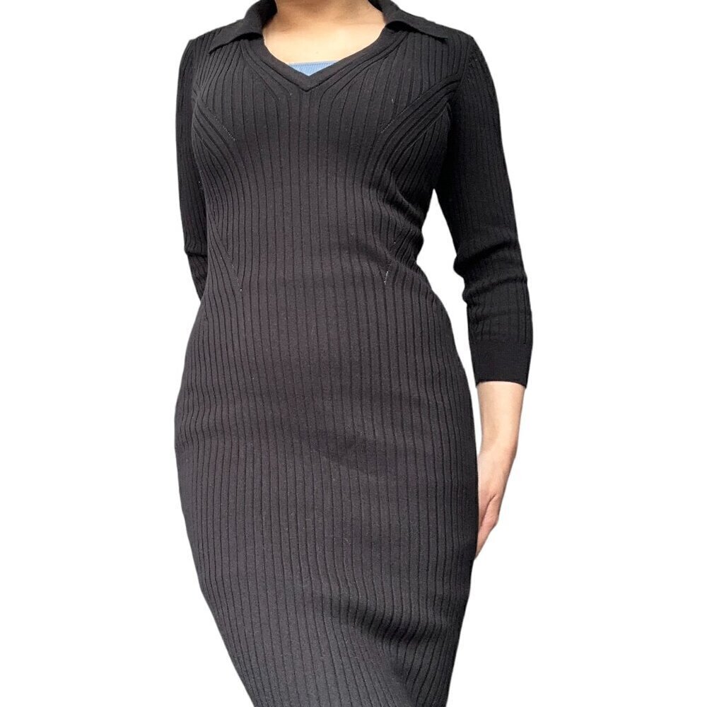 DYNAMITE BLACK RIBBED MAXI DRESS WITH  V-NECK, COLLAR & SIDE SLIT | SIZE SMALL - Picture 5 of 15